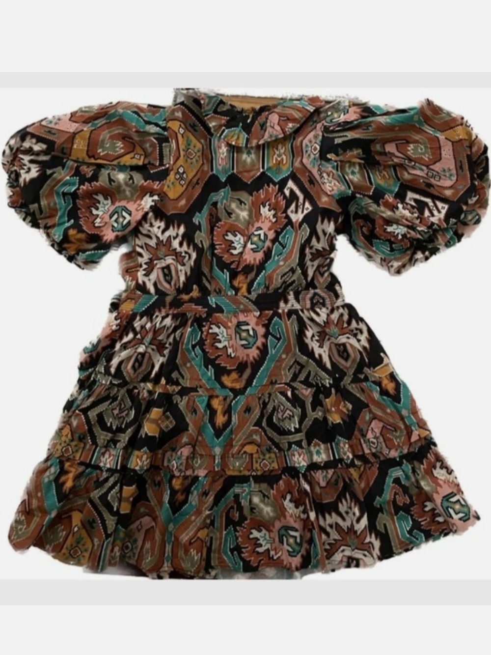 Love The Label Remy RuffleBoho Floral Print Puff-Sleeve Mini Dress - Brown Multi - Picture 4 of 4